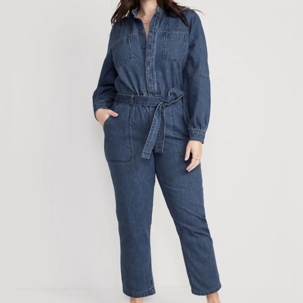 Collarless Jean Utility Jumpsuit
